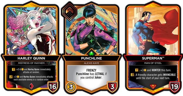 Exemples de cartes DC Dual Force : Punchline, Superman et Harley Quinn